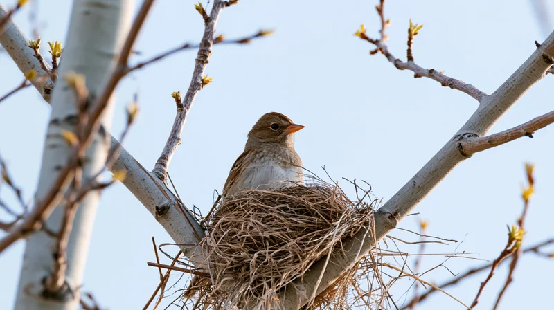 Sparrow perched in nest among branches of a tree in spring