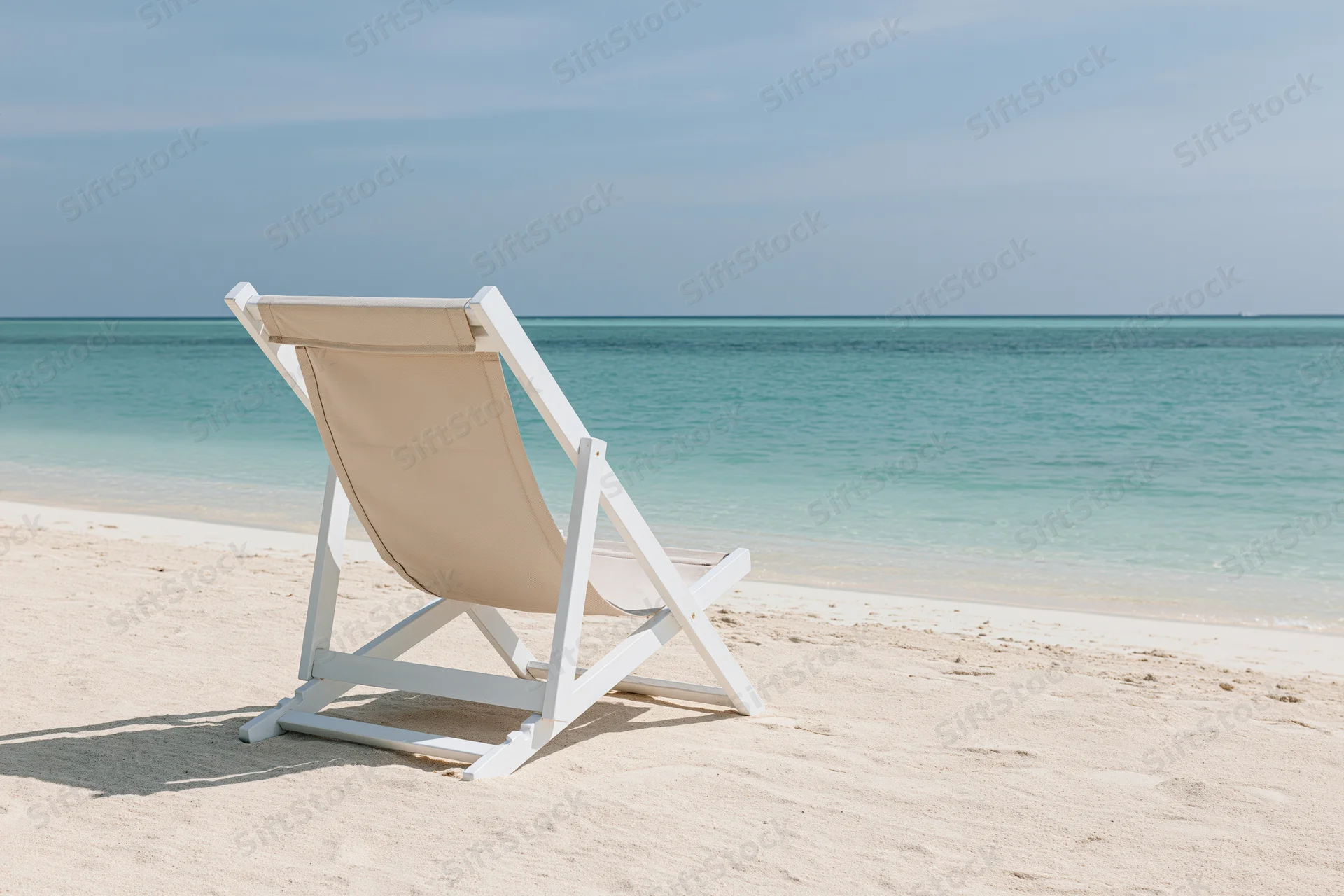 White lounge chair reclining on sandy beach facing turquoise ocean
