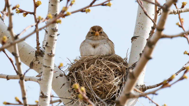 Young bird perched in nest among aspen branches in spring