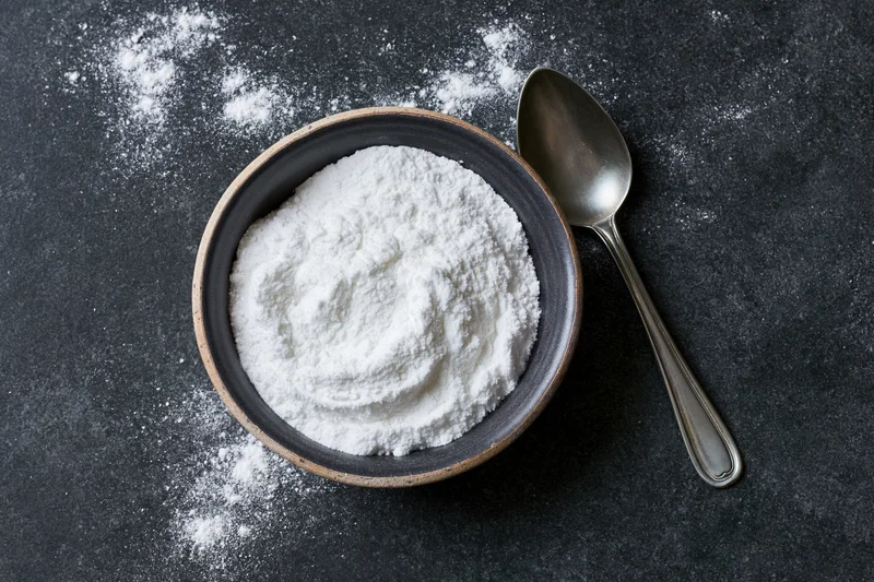 Flour in a ceramic bowl with a metal spoon on a dark surface