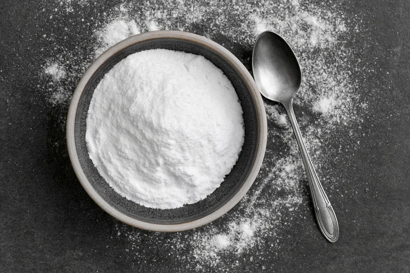 White flour in a ceramic bowl with a spoon on a dark countertop