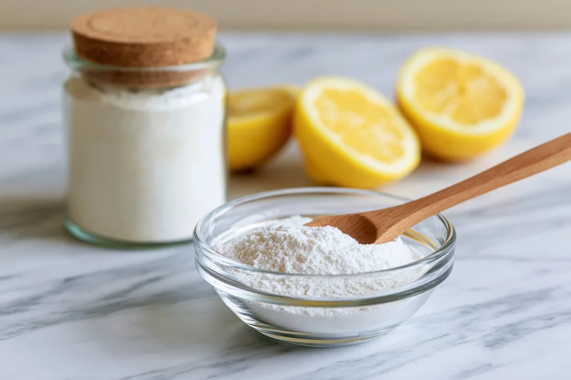 White powder in a glass bowl with wooden spoon and lemons on marble countertop
