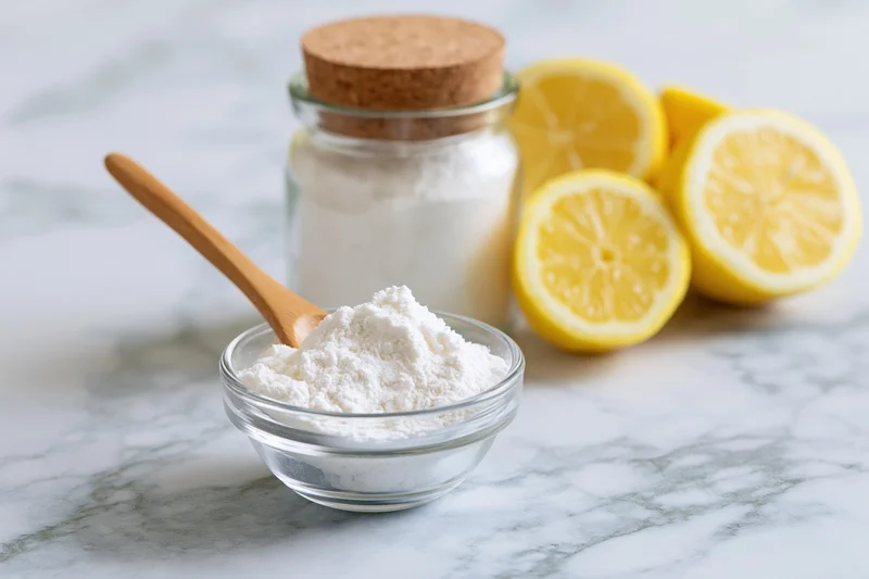 White flour in a glass bowl with wooden spoon and sliced lemons on marble countertop