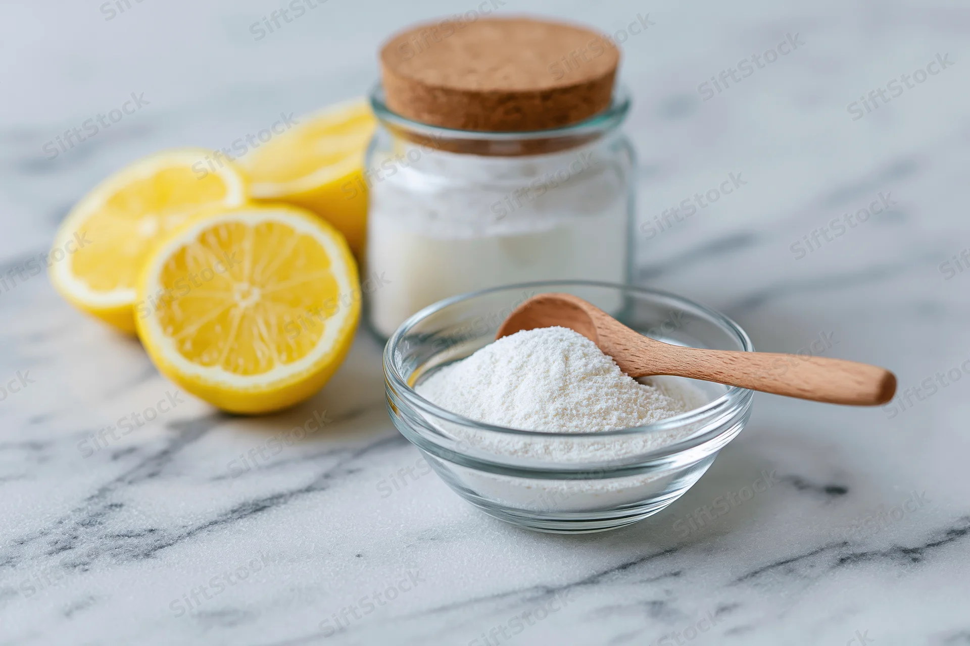 Sliced lemons and white powder in glass bowl with wooden spoon on marble countertop