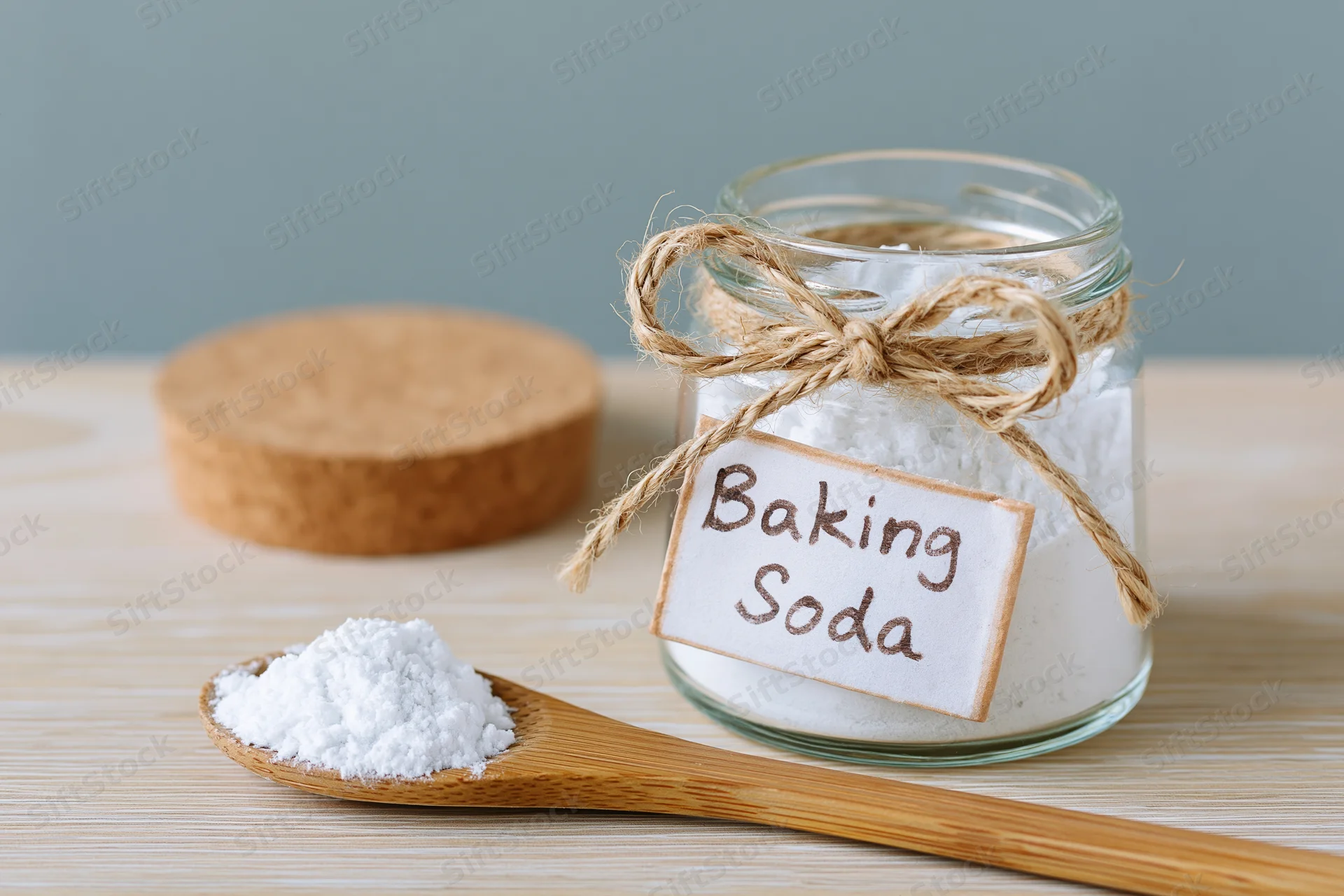 Baking soda in a glass jar with a wooden spoon on a countertop
