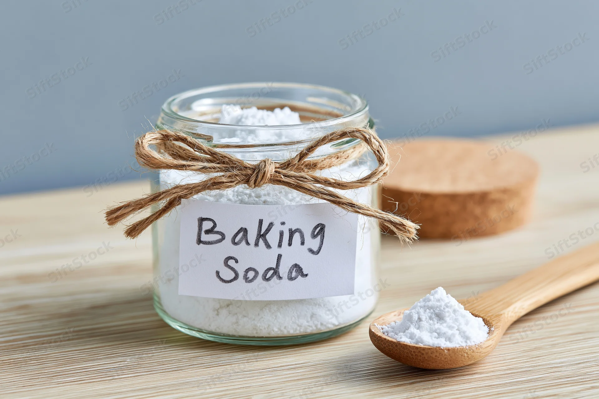 Glass jar filled with white powder labeled baking soda on wooden surface with wooden spoon beside it