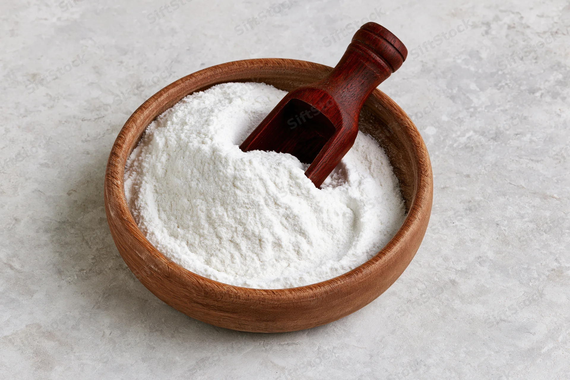 White flour in a wooden bowl with a scoop on a marble countertop