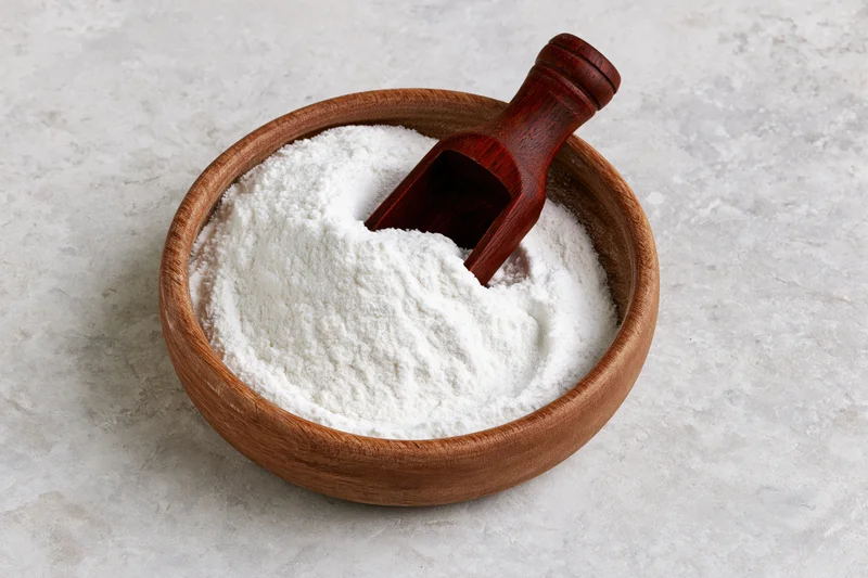 White flour in a wooden bowl with a scoop on a marble countertop