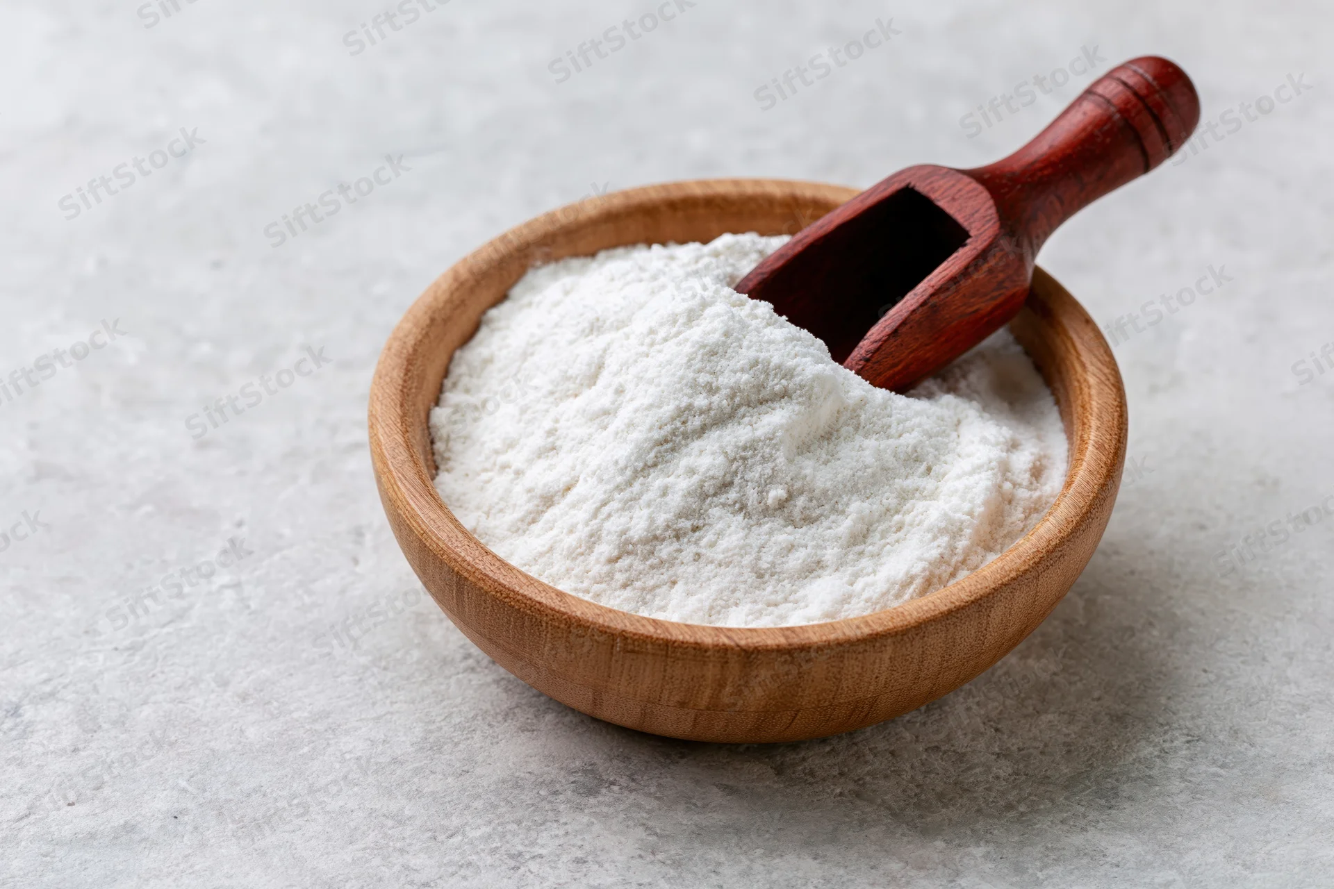 White flour in a wooden bowl with a wooden scoop on a light countertop
