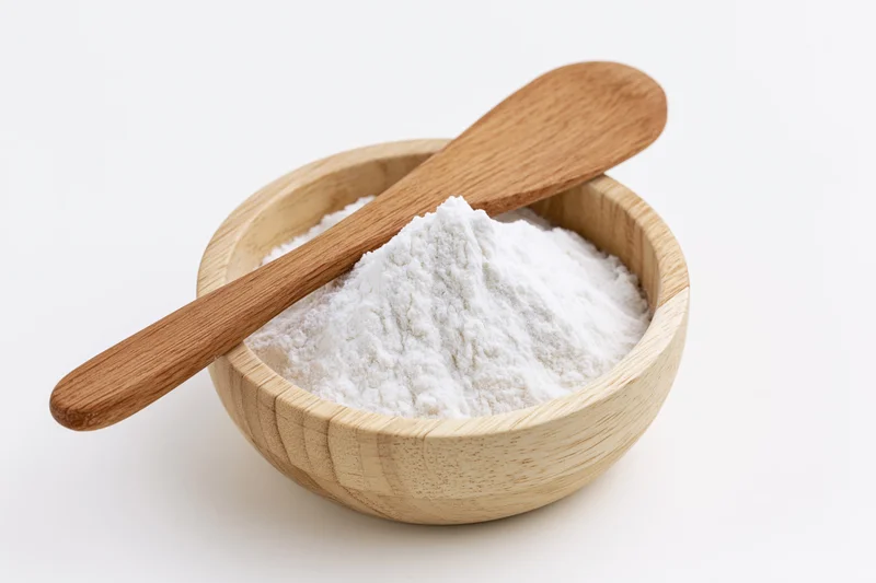 White flour in a wooden bowl with a wooden spoon on a plain white surface