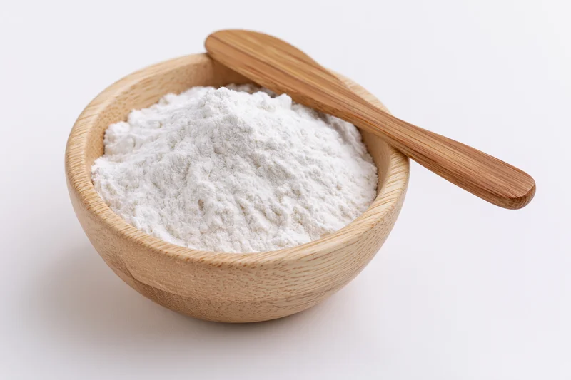 White flour in a bamboo bowl with a wooden spoon on a plain white surface