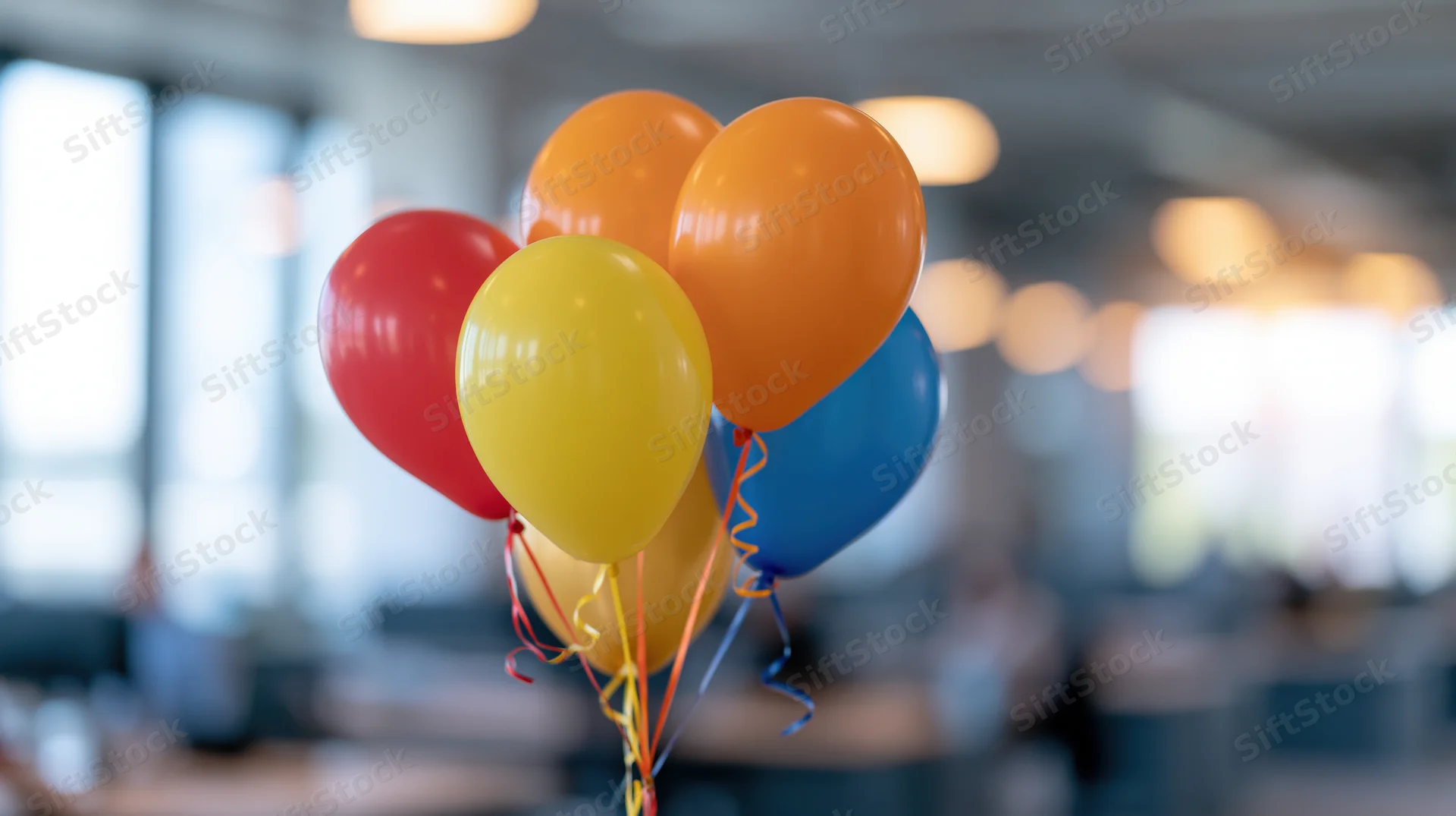 Colorful balloons floating in an office space for a corporate celebration