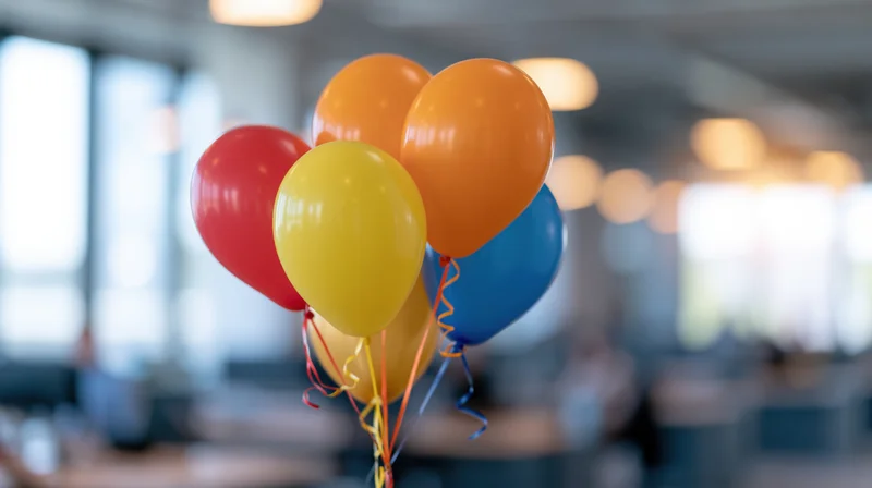 Colorful balloons floating in an office space for a corporate celebration