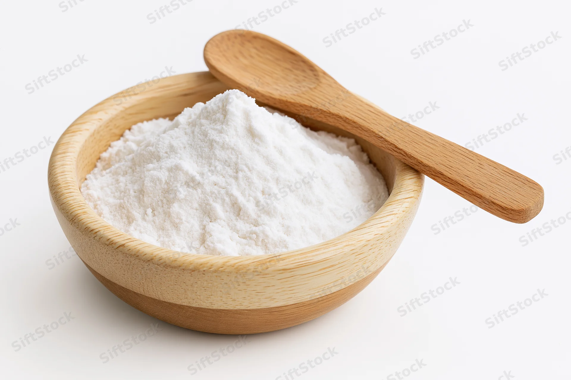 White flour in a wooden bowl with a spoon on a plain white background