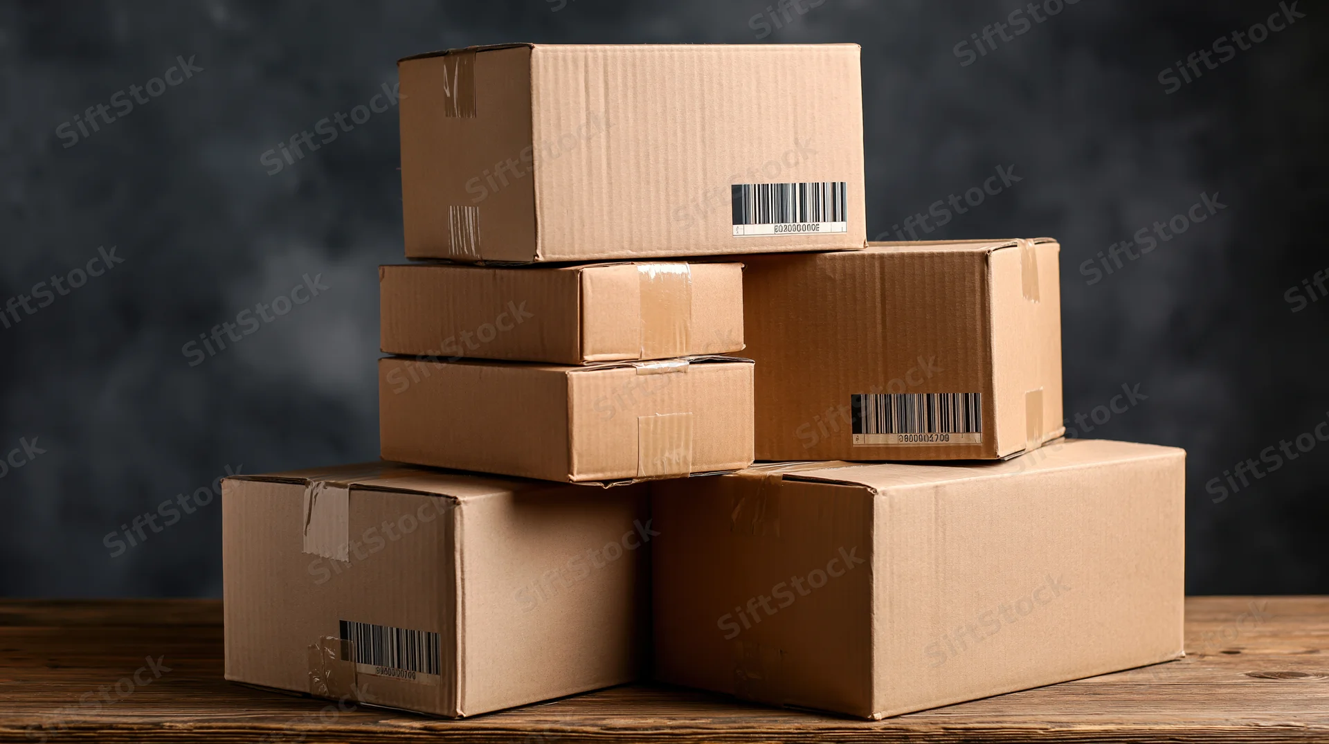 Stack of cardboard boxes with barcodes on wooden table against dark background