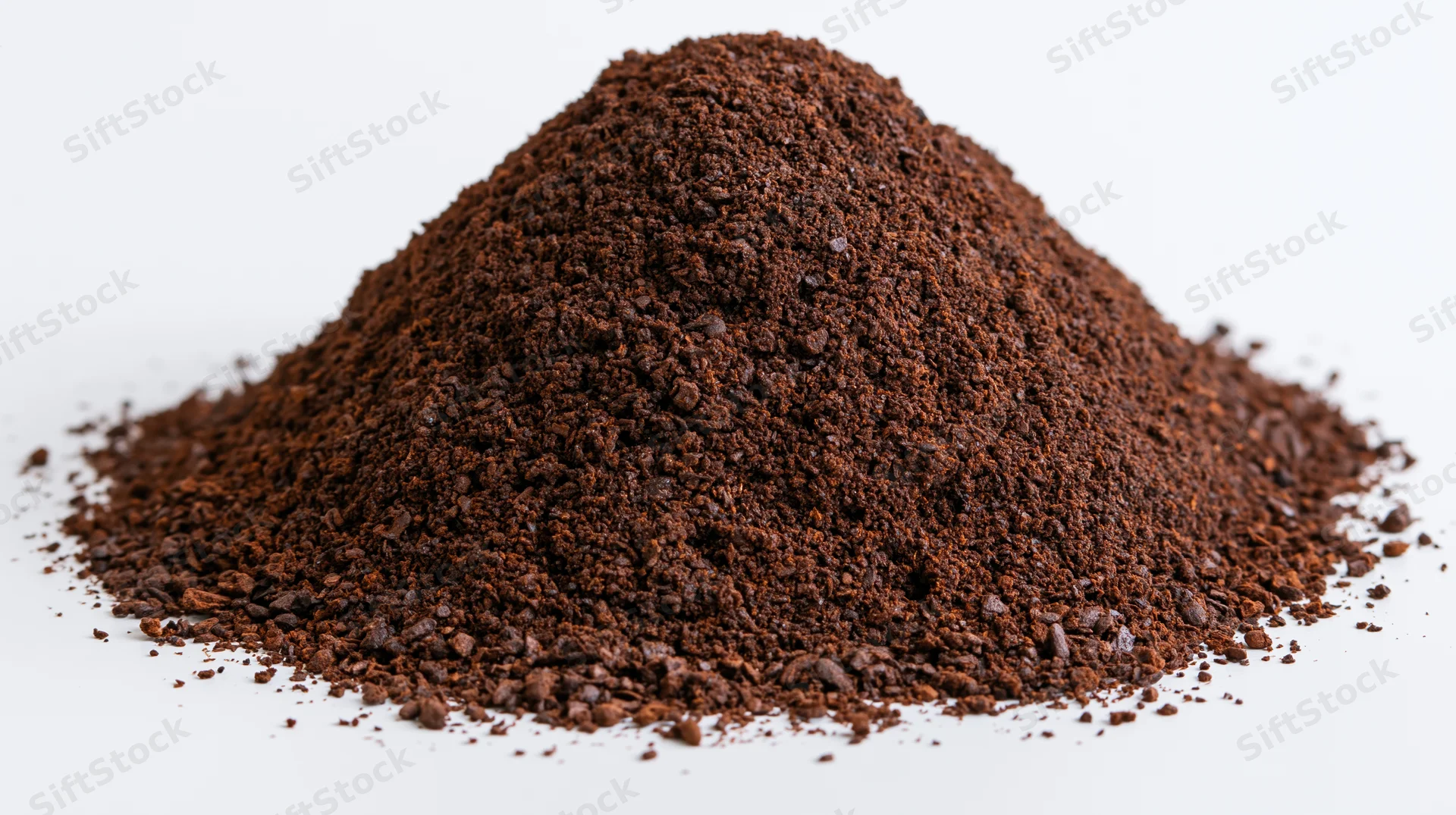 Pile of ground coffee powder on white background