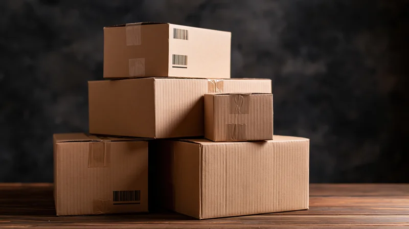 Stack of cardboard boxes arranged on wooden table against dark textured background
