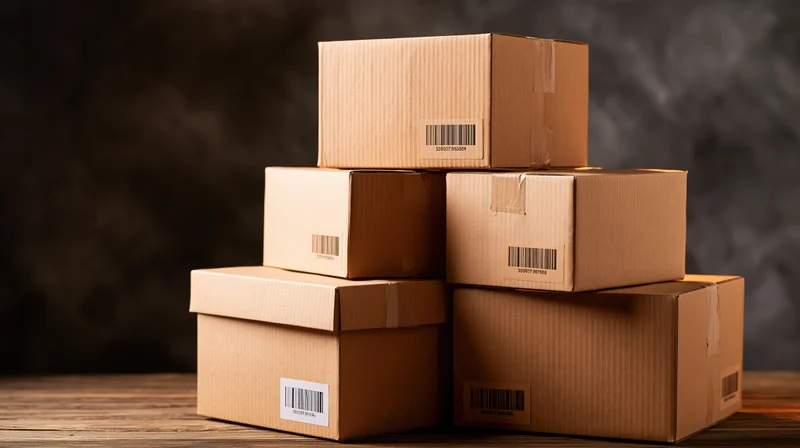 Stack of cardboard boxes with barcodes arranged in pyramid on wooden surface