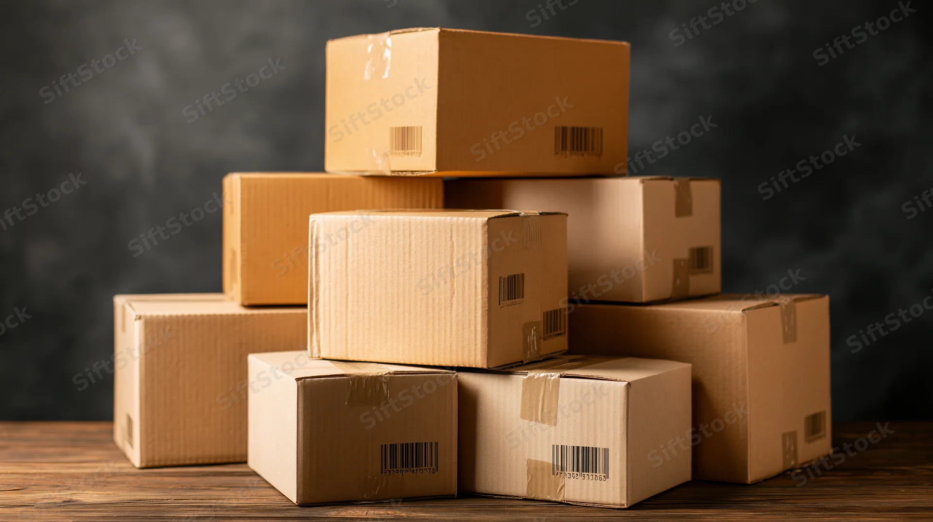 Stack of cardboard boxes arranged on wooden table against dark background
