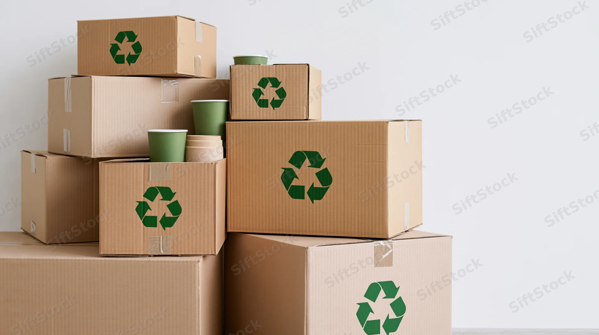 Stack of cardboard boxes with green recycling symbols and paper cups on white background
