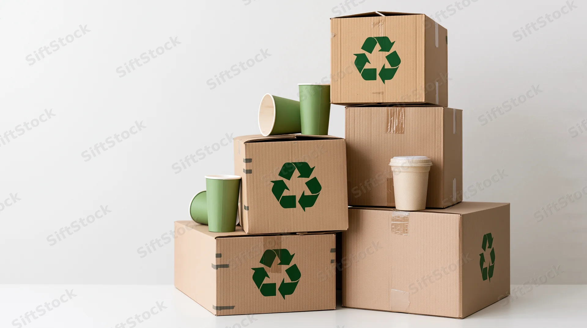 Stack of cardboard boxes with recycling symbols and green paper cups on white surface