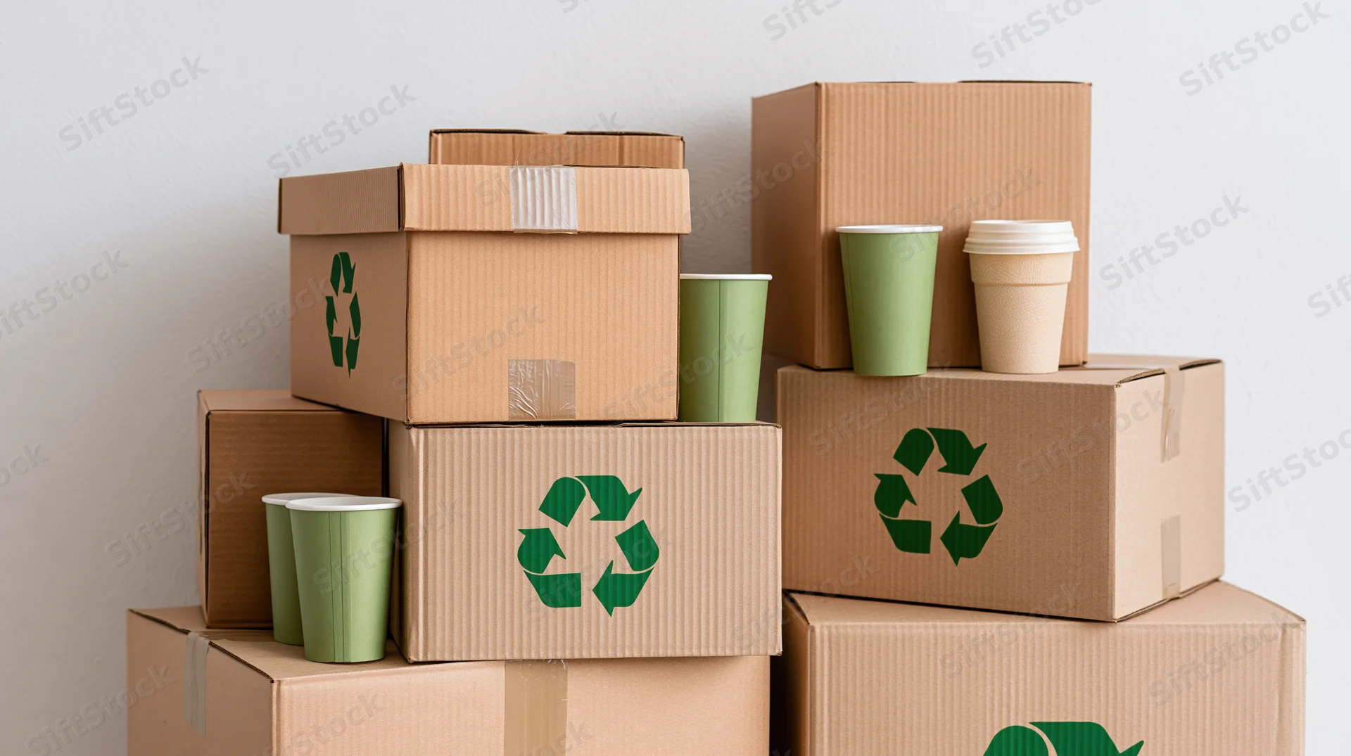 Stacked cardboard boxes with green recycling symbols and paper cups arranged against a white wall