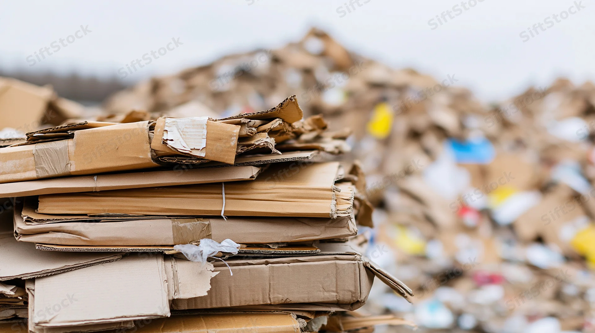 Stacked cardboard boxes and debris at a recycling facility under overcast sky