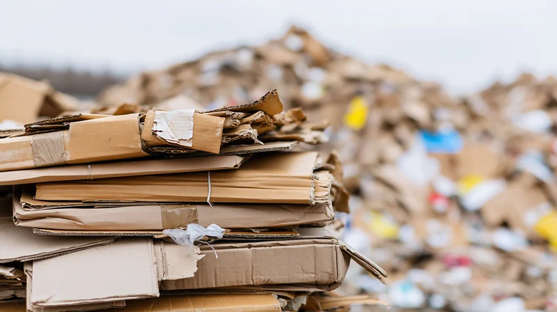 Stacked cardboard boxes and debris at a recycling facility under overcast sky