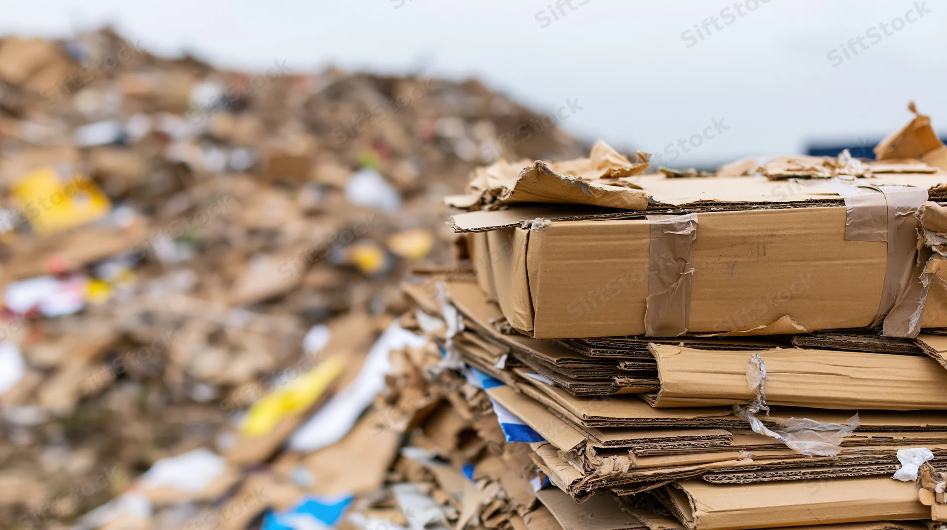 Stacked compressed cardboard bales at a landfill site