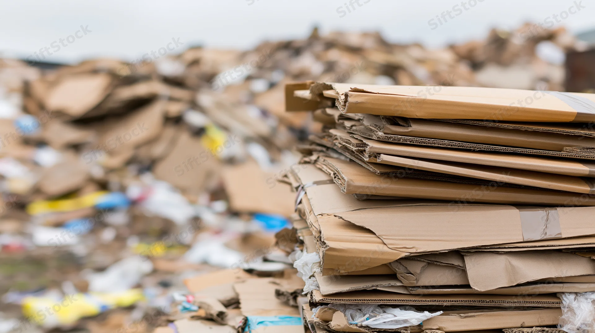 Stack of compressed cardboard bales at a recycling landfill site
