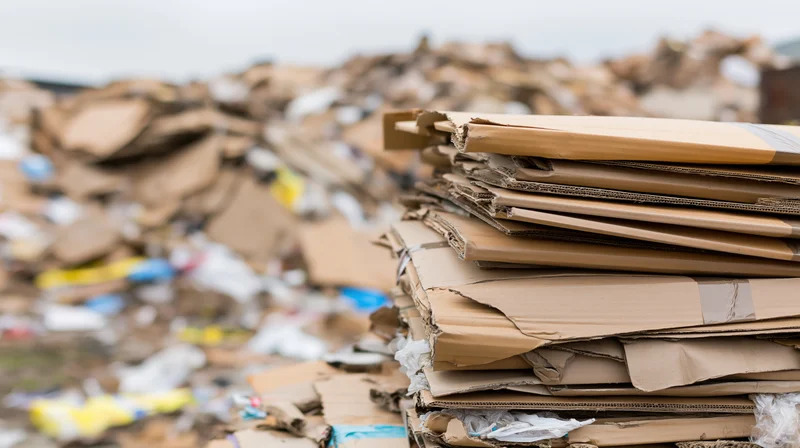 Stack of compressed cardboard bales at a recycling landfill site