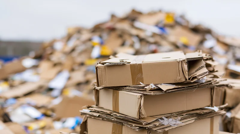 Stack of flattened cardboard boxes in a recycling facility with large pile of waste in background