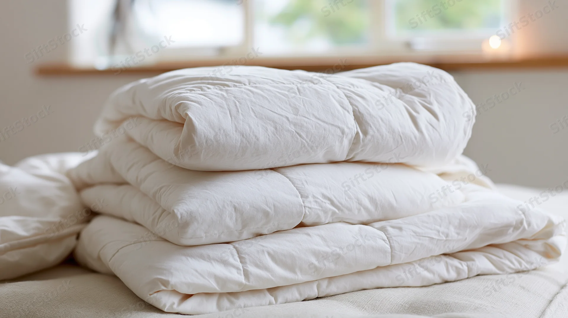 Stack of white comforters on a bed near a window in a bedroom