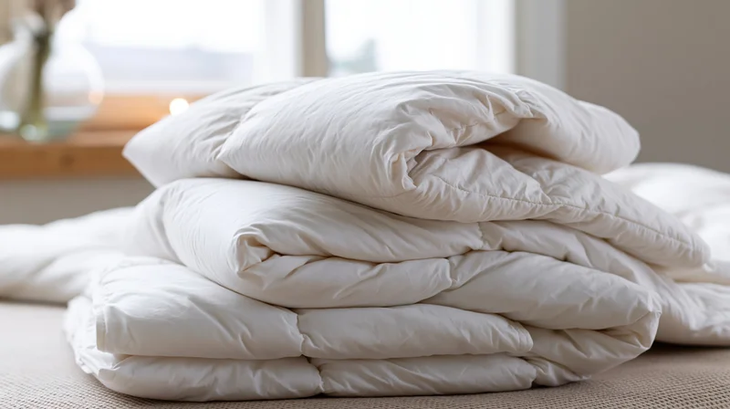 Stack of white comforters and pillows folded neatly on a bed in a bedroom