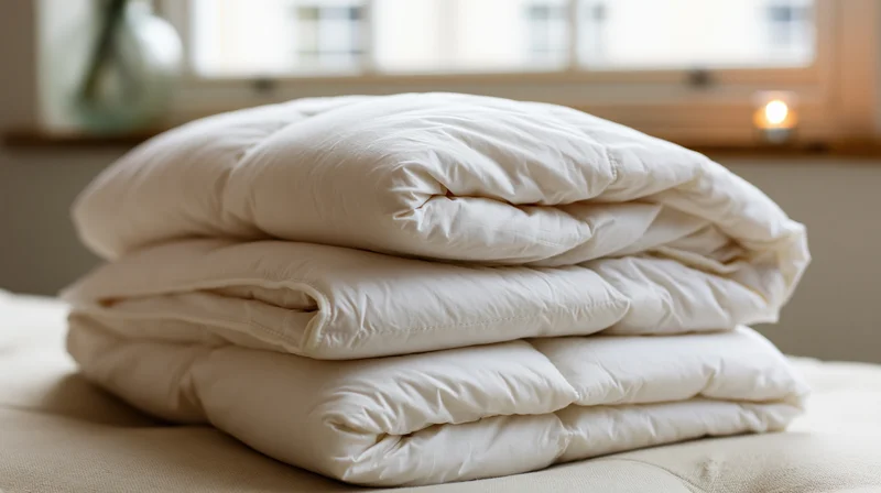 Stack of white comforters folded on a bed near a window with soft light and candle ambiance