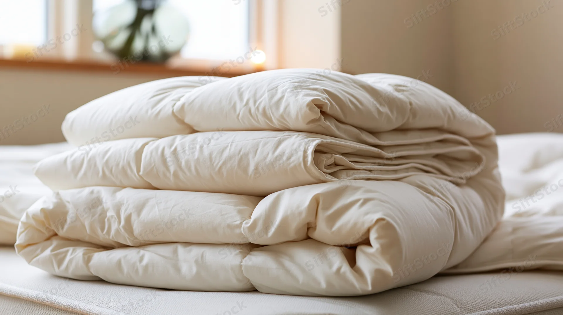 Folded white comforters stacked on a bed in a softly lit bedroom
