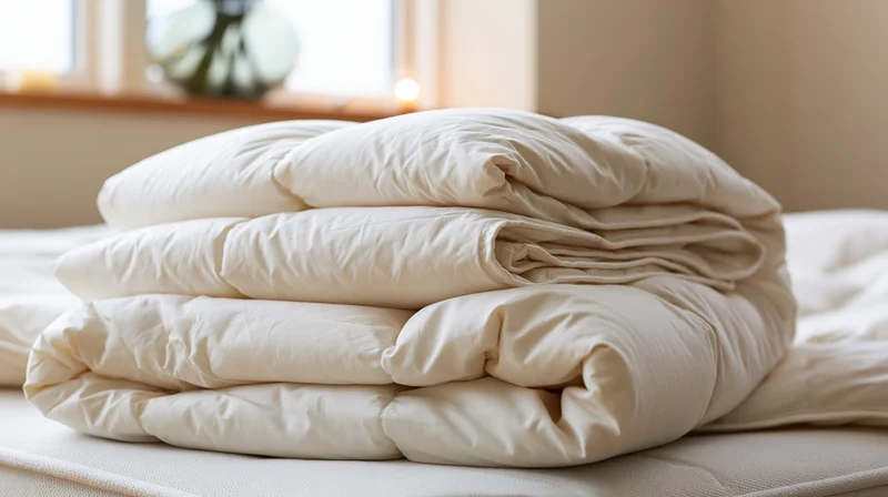 Folded white comforters stacked on a bed in a softly lit bedroom