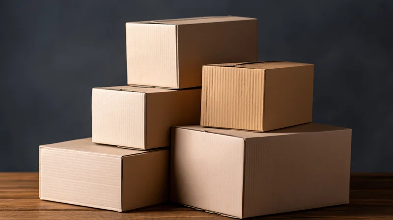 Stack of cardboard boxes arranged on wooden table against dark background