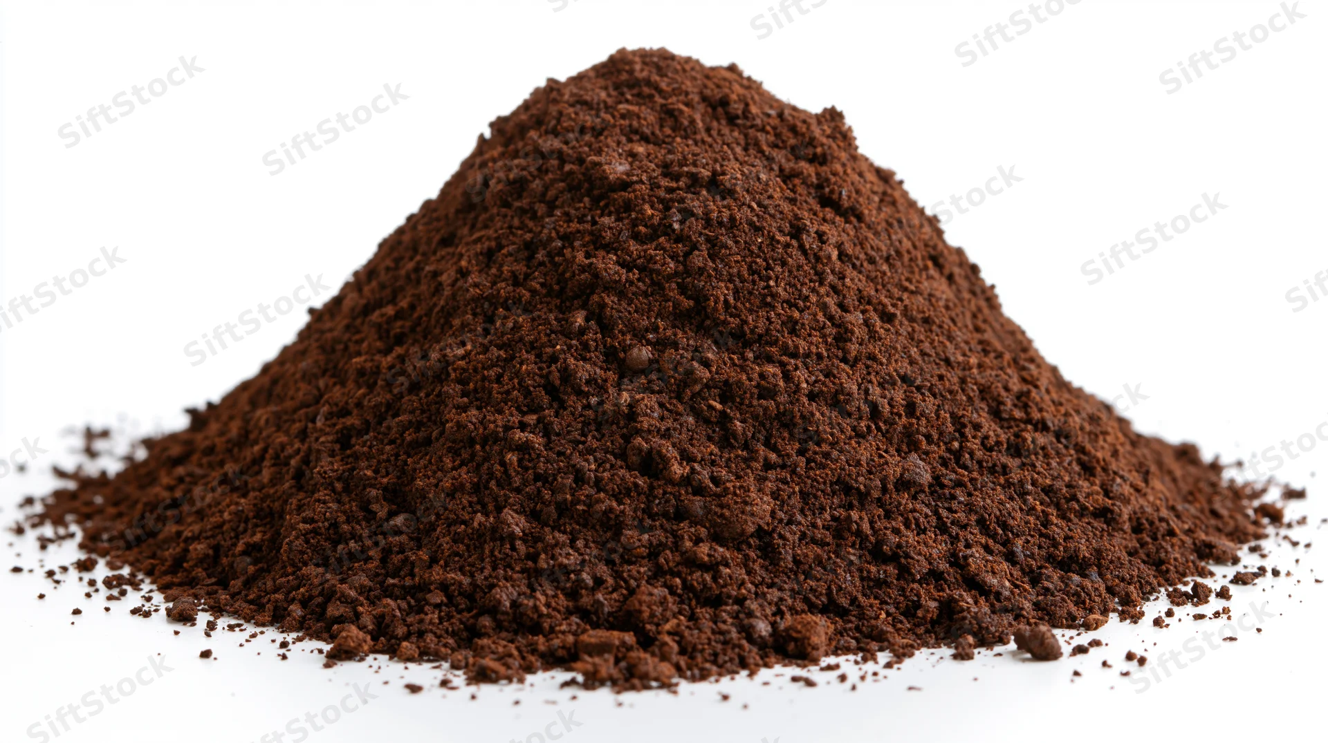 Mound of ground coffee powder on white background