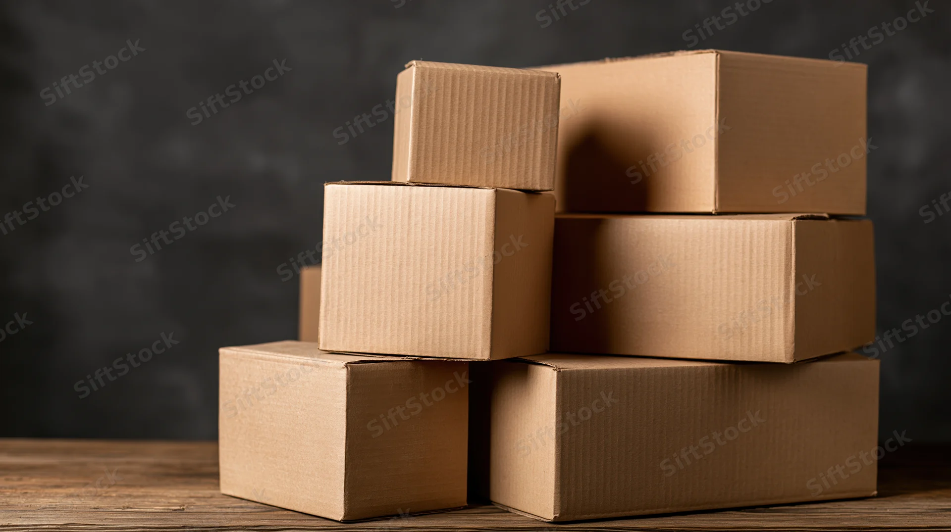 Stack of cardboard boxes arranged on wooden table against dark background