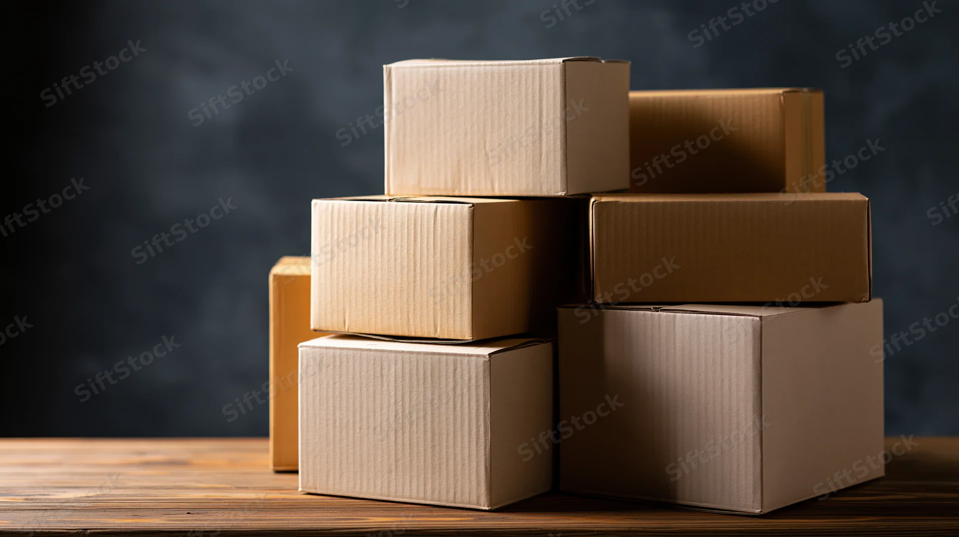 Stack of cardboard boxes on wooden table against dark background