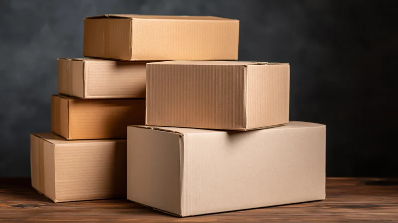 Stack of cardboard boxes arranged on wooden table against dark background