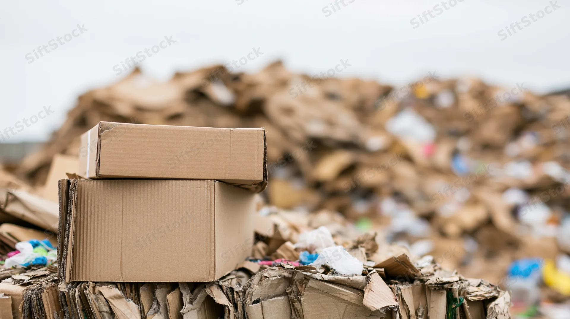 Stacked cardboard boxes on a pile of compacted waste at a recycling facility