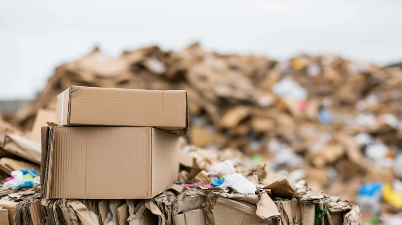 Stacked cardboard boxes on a pile of compacted waste at a recycling facility