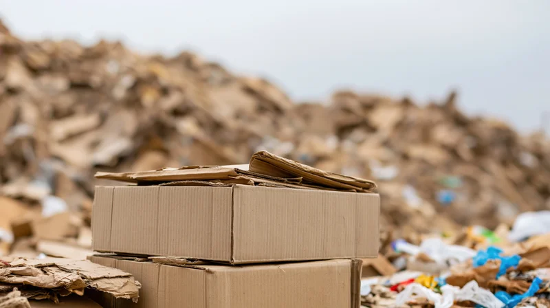 Stacked cardboard boxes in a landfill with scattered trash and debris in the background