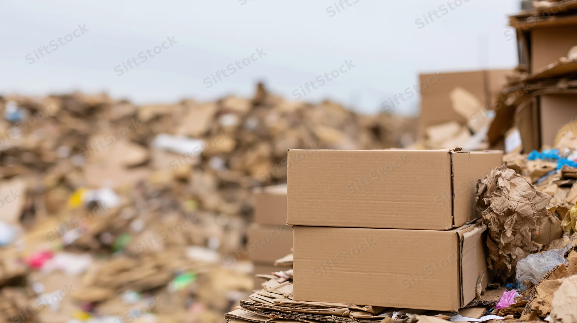 Stacked cardboard boxes in a landfill surrounded by waste debris