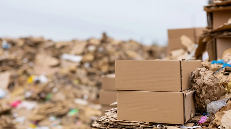 Stacked cardboard boxes in a landfill surrounded by waste debris