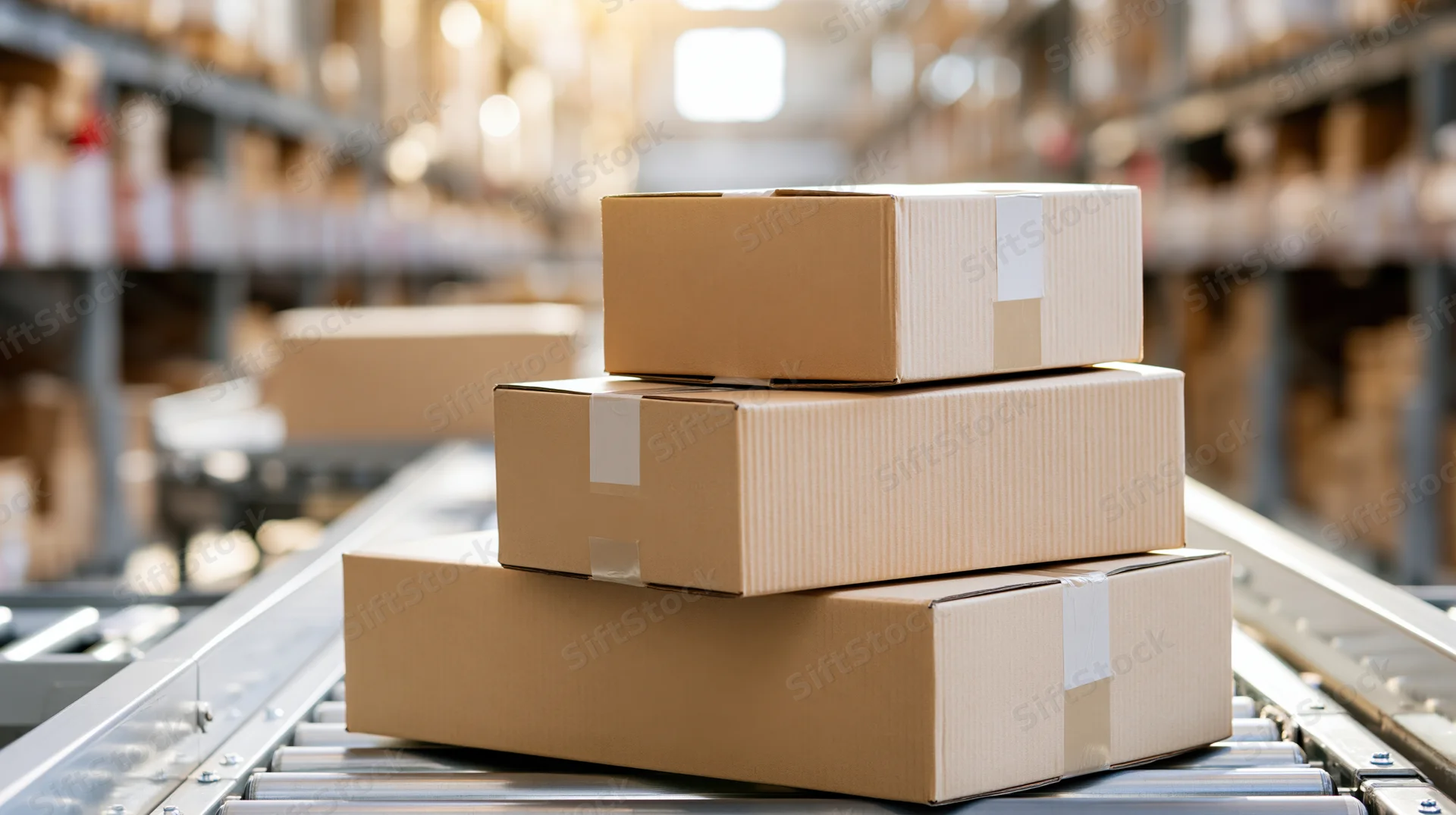 Three cardboard boxes stacked on a conveyor belt in a warehouse