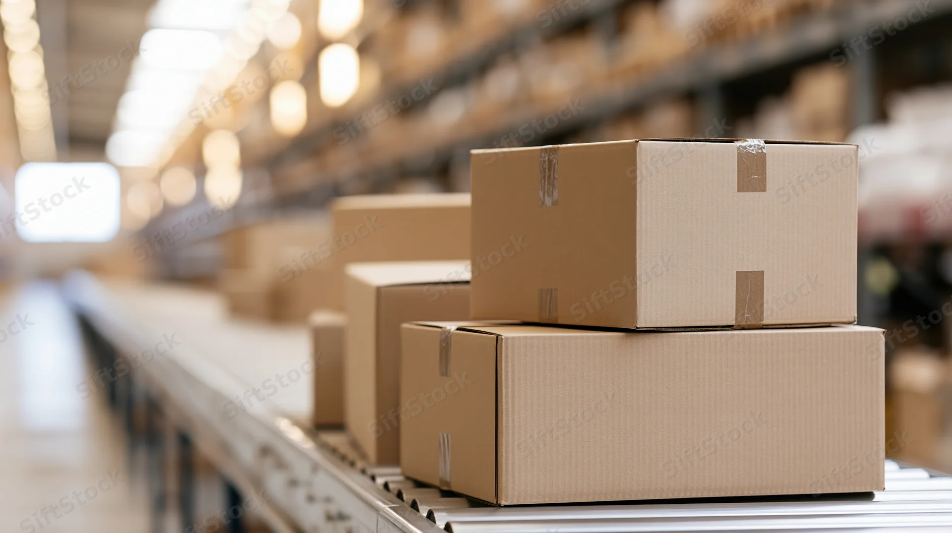 Cardboard boxes stacked on conveyor belt in warehouse