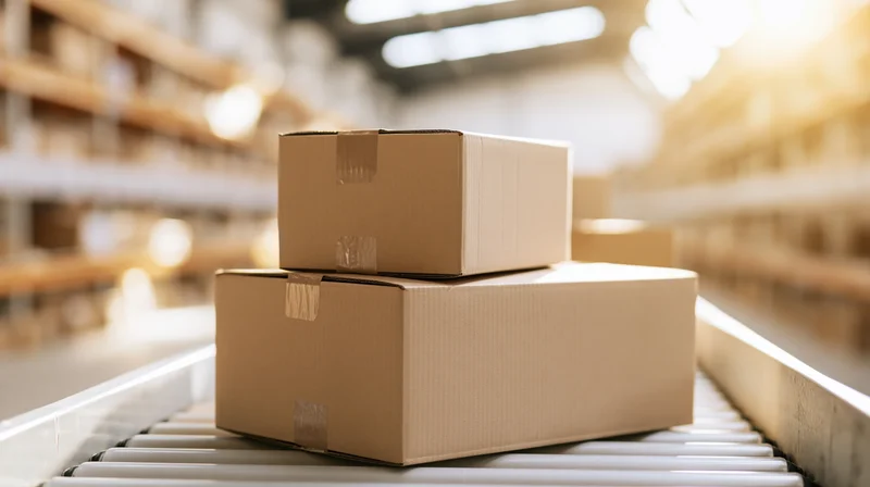 Two cardboard boxes stacked on a conveyor belt in a warehouse